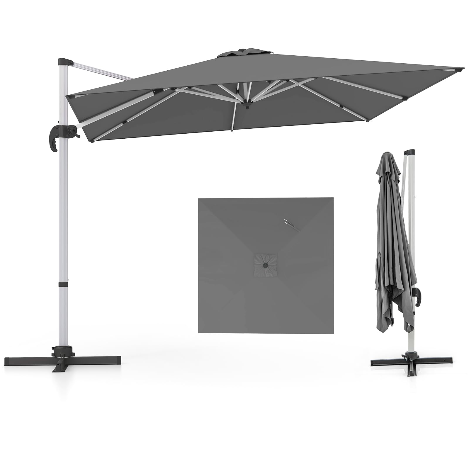 COSTWAY Sombrilla Terraza Exterior rectangular con Base 3x3m, Parasol Jardin Excentrico, Rotación de 360°, Inclinación Ajustable, Guarda Sol Jardin Exterior, Manivela y Base en Cruz