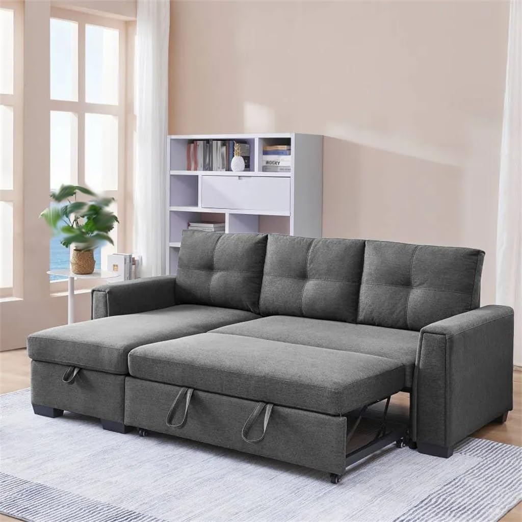 91.7 Pull-Out Sleeper Bed, L-Shape 3-Seater Modular Fabric Convertible Reversible Sectional Sofa