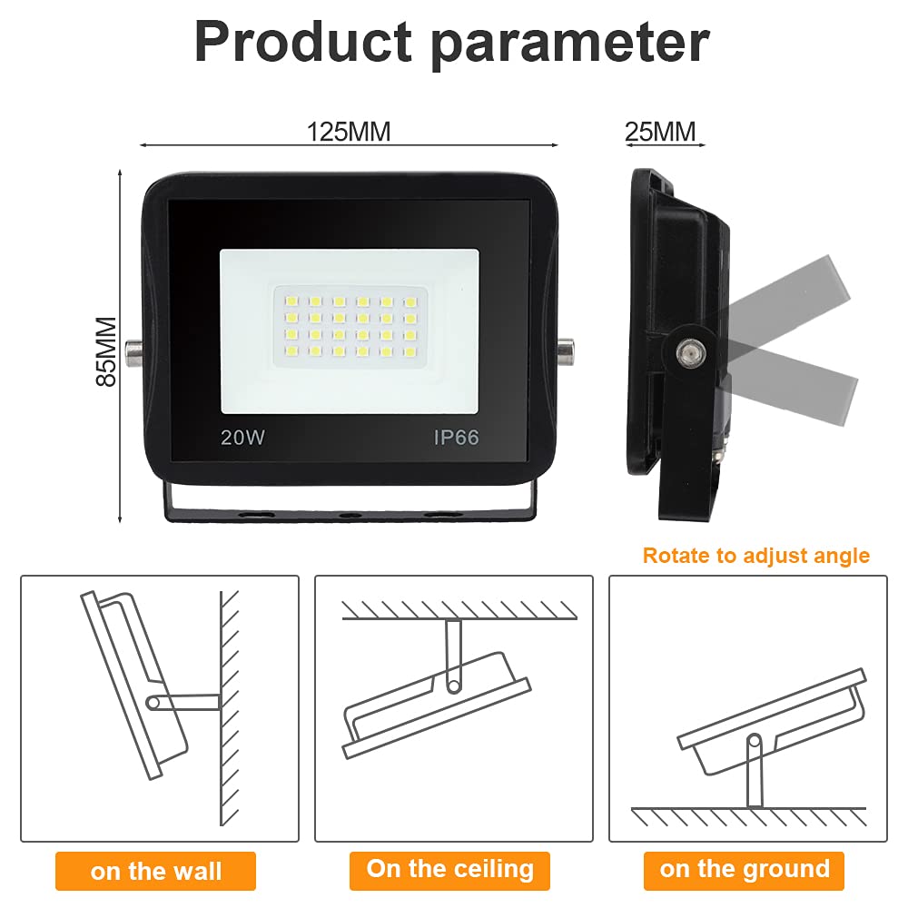 LED Strahler Außen, 20W Fluter Scheinwerfer, Wasserdicht IP66, Wandbeleuchtung Flutlicht 230V, Superhell Kaltweiß Außenstrahler 1700LM 6000K Beleuchtung Außenlampe
