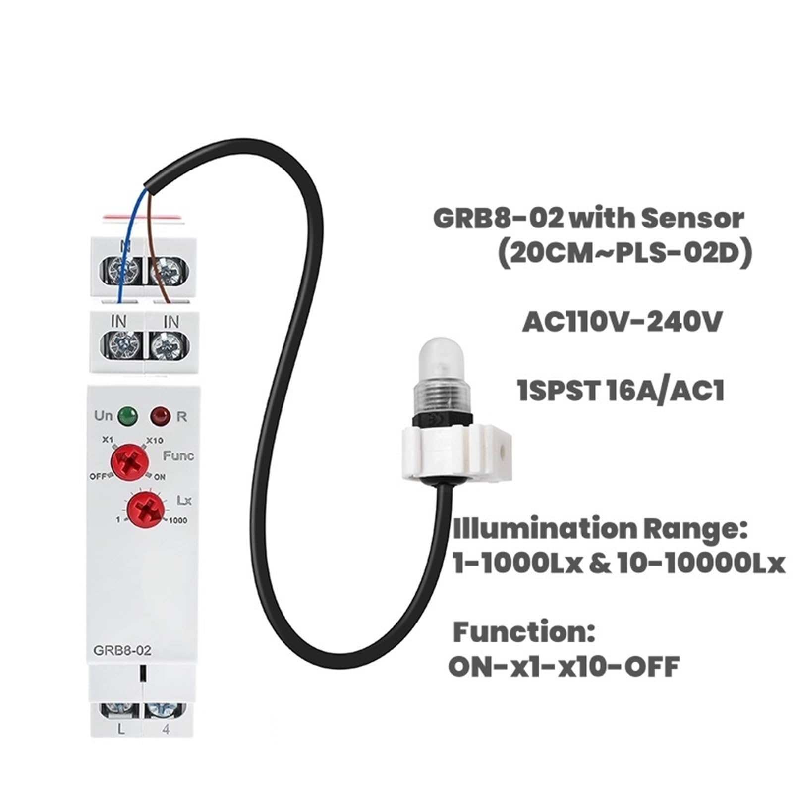 GRB8-01/02 Interruttore crepuscolare su guida DIN Relè fotoelettrico con sensore di luce e timer AC110V-240V Auto ON OFF(GRB8-01 AC110-240V)