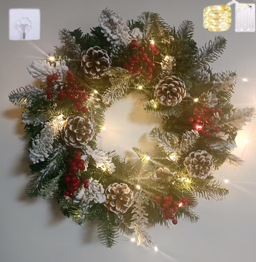 Couronne de Noël de 45 cm aux finitions soignées et grand éclat de 30 LED