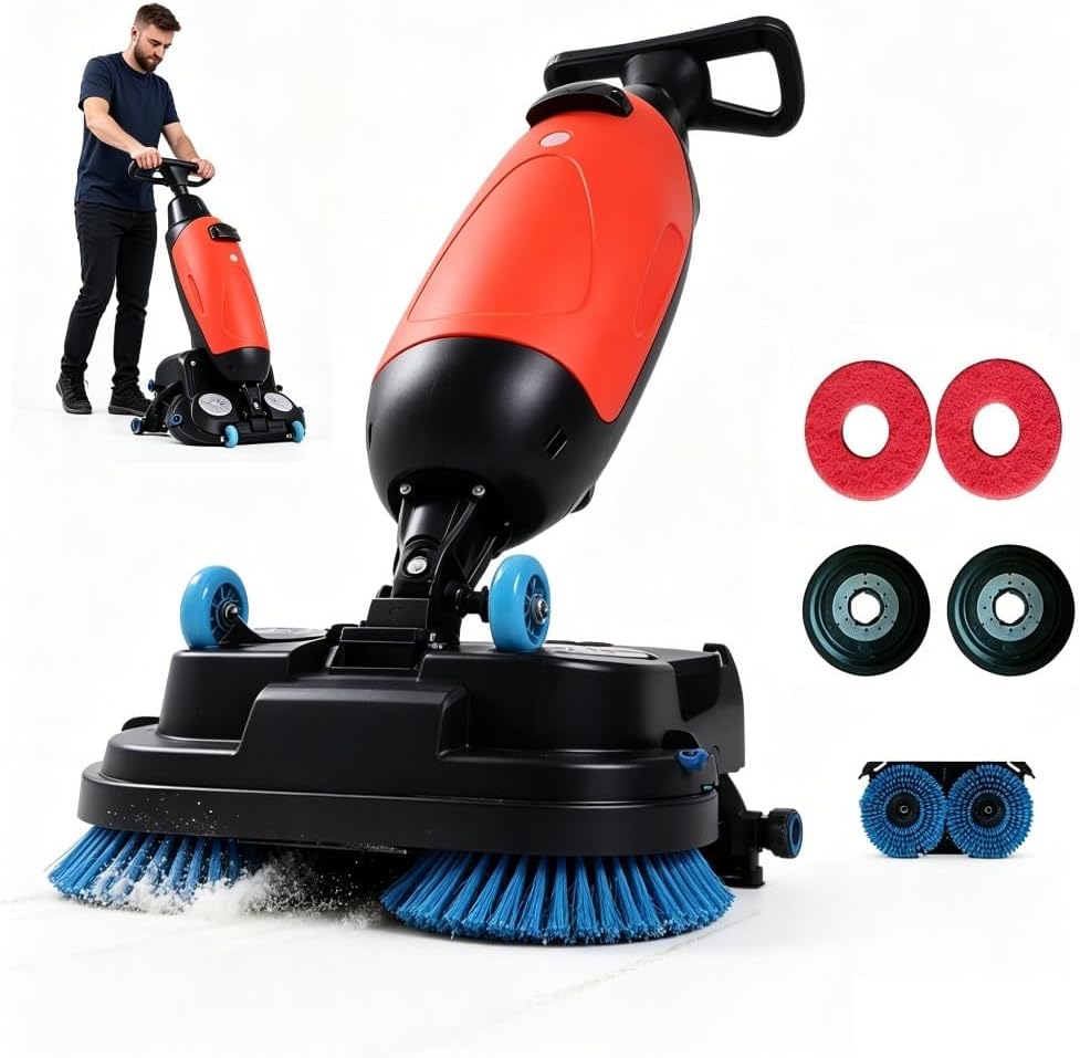 Commercial Floor Scrubber And Buffer, 17 Inch Battery Powered Floor Polisher Machine With 360 Degree Rotation, 350 RPM Motor, 2.3 Gal Tank, 13000 Sqft Coverage For Hard Floor Cleaning