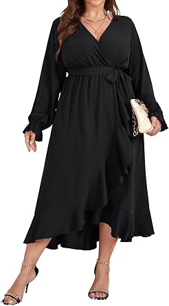 SCOMCHIC Women Plus Size Formal Dresses Fall Long Sleeve Faux Wrap V Neck High Low Ruffle Cocktail Wedding Guest Maxi Dress