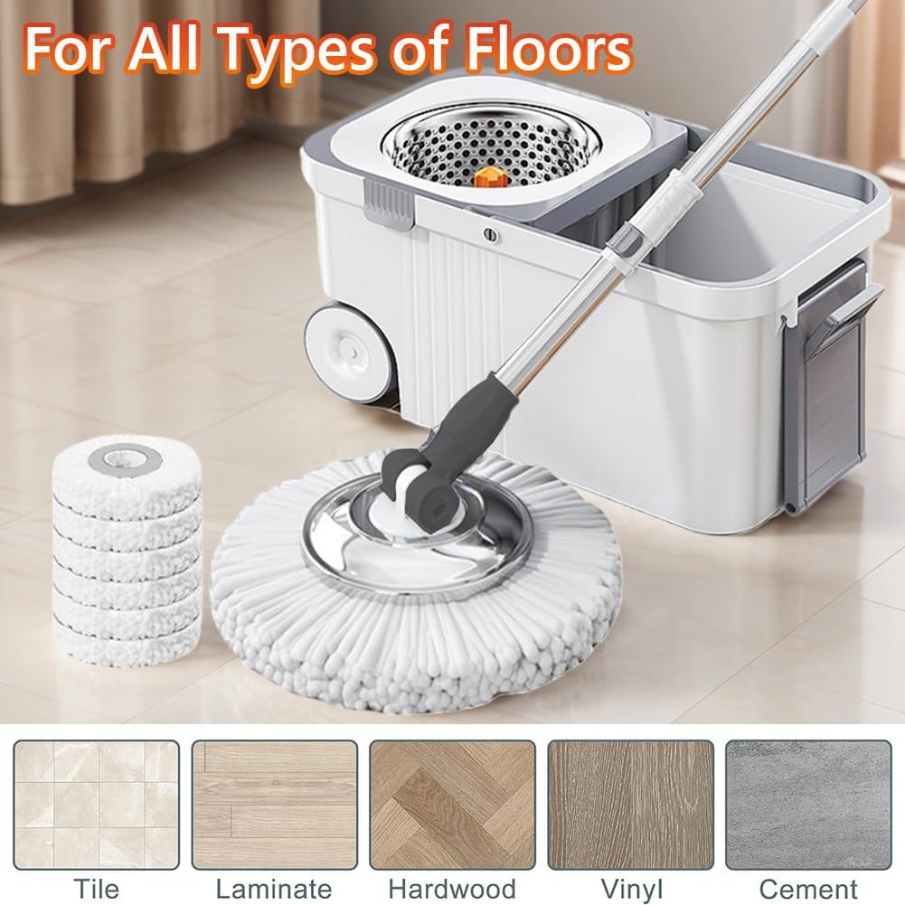 Microfiber Spin Mop with 6 Refill Heads - Hands-Free Automatic Dehydration Mop & Bucket Set, Pet-Friendly Rotary Floor Cleaning System for Hardwood, Tile & Laminate(White)