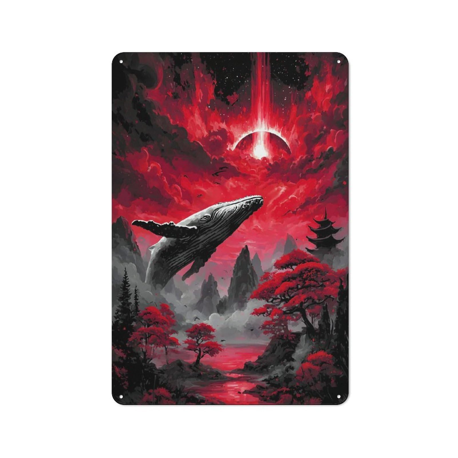 Junmoney Whale In Red Japanese Landscape Retro Printed Metal Sign 30X20cm For Living Room Wall, Wall Decor For People Reorganising Living Room