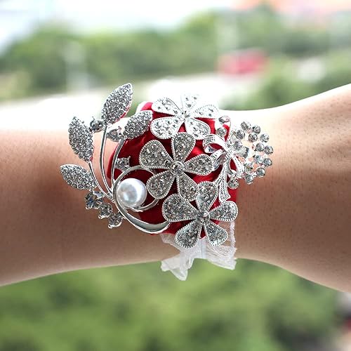 Miniatura 3 de WANLIAN Juego de ramillete de muñeca con peal y diamantes de imitación ramillete y boutonniere para bodas, bailes, fiestas (rojo plateado, 2 piezas)