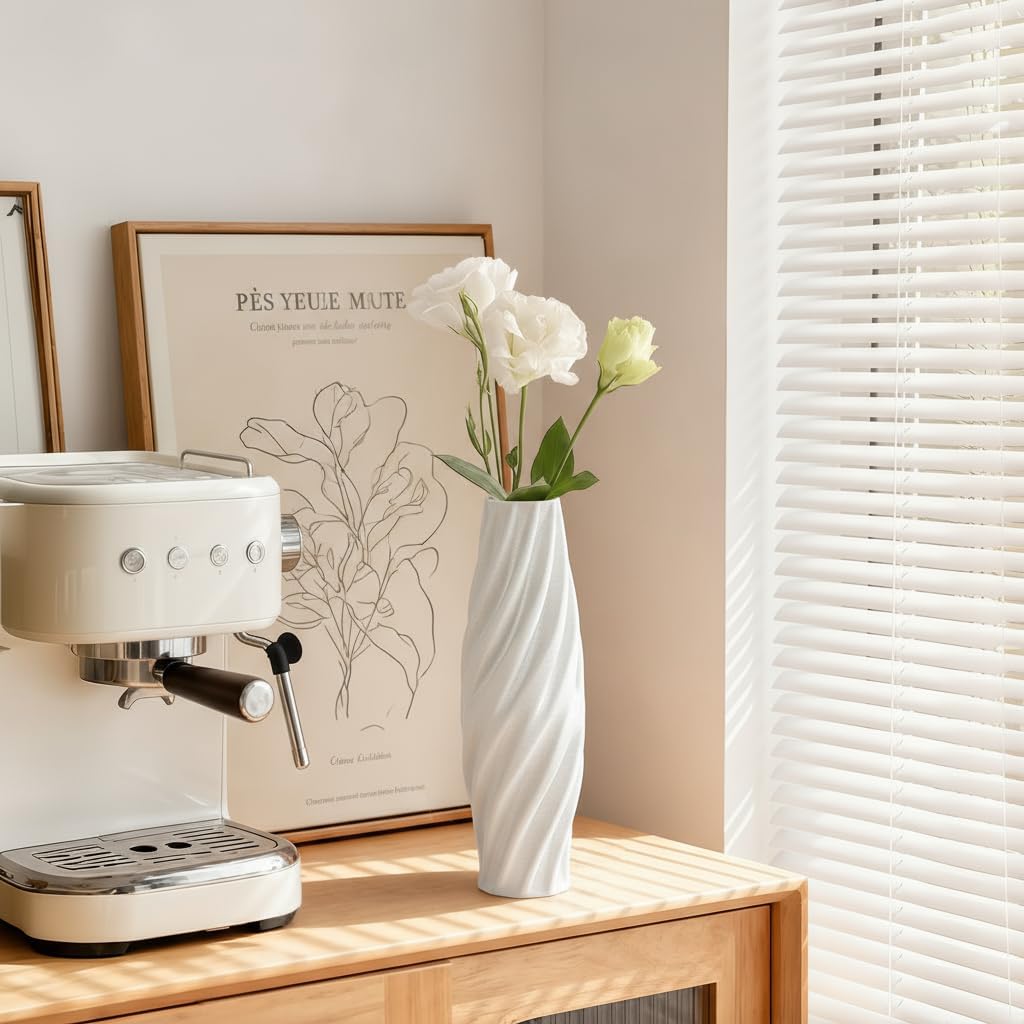 White Sculptural Ceramic Vase, Modern Irregular Shape Decorative Vase for Home Decor, Minimalist Artistic Tabletop Centerpiece for Living Room Bedroom Office