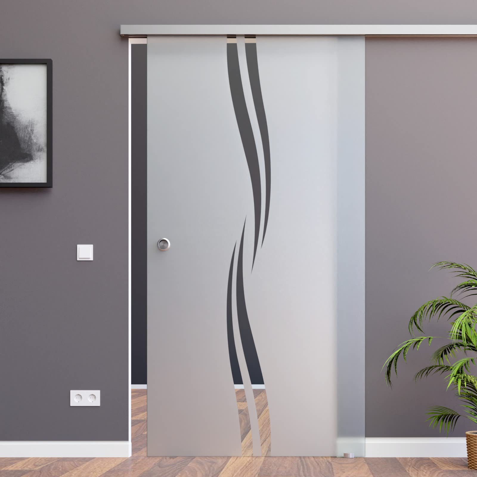 BM2-775-AS: Schiebetürsystem mit ESG 775x2050x8mm Dekor M2, Siebdruck; Schienensystem ALU SlimLine SoftStop; Griffmuschel