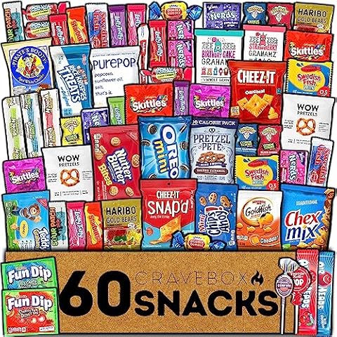 CRAVEBOX Snack and Candy Box (60 Count) Valentines Day Variety Pack Bundle Assortment Gift Basket Adults Kids Care Package Boyfriend Birthday Office College Gourmet Teen Boys Men Bouquets Students Food College Back to School Cover