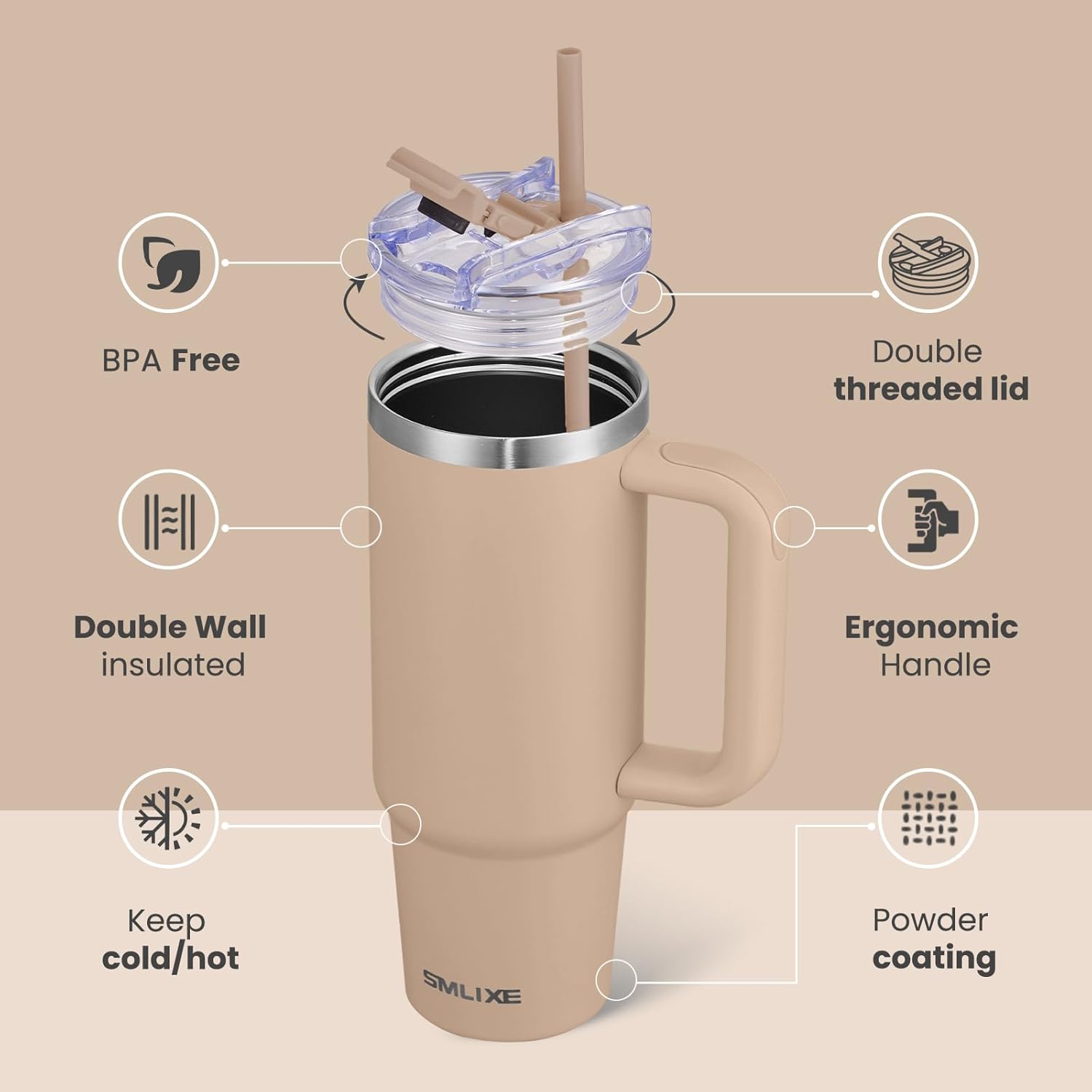 30 oz Tumbler with Handle, Tumbler with Lid and Straw, Double Wall Vacuum Insulated Travel Mug Stainless Steel Tumbler for Hot and Cold, Cupholder Friendly (Mocha) - Image 2