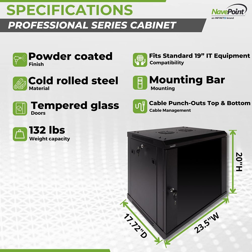 NavePoint Gabinete de red de montaje en pared 9U para equipos de TI de 19 pulgadas, A/V, puerta de vidrio templado, paneles laterales, cerraduras, 2 ventiladores, 450 mm de profundidad, peso máximo 132 libras