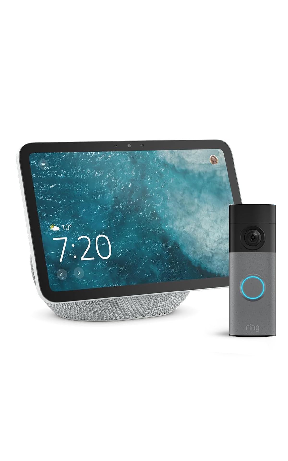 Amazon Echo Show 8 (ultimo modello), Bianco ghiaccio + Ring Videocitofono a batteria (ultimo modello), vedi i visitatori sul tuo Echo Show, con Accesso Anticipato ad Alexa+