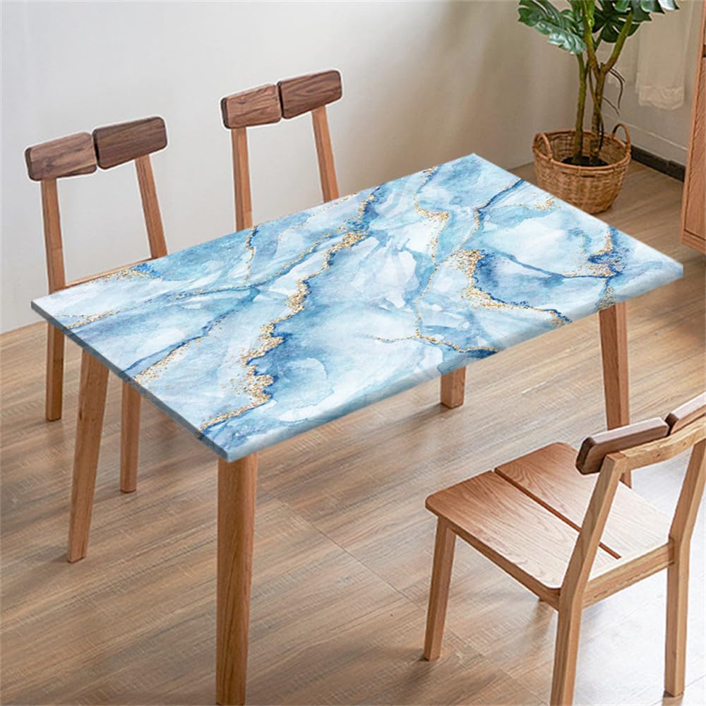 FANSU Tablecloth Picnic Covers Tablecloth Elastic Fitted Table Cloth Waterproof Classic Marble Tablecloths Rectangle Square for Outdoor Camping Indoor Party Decoration (120x120cm,Light Blue)