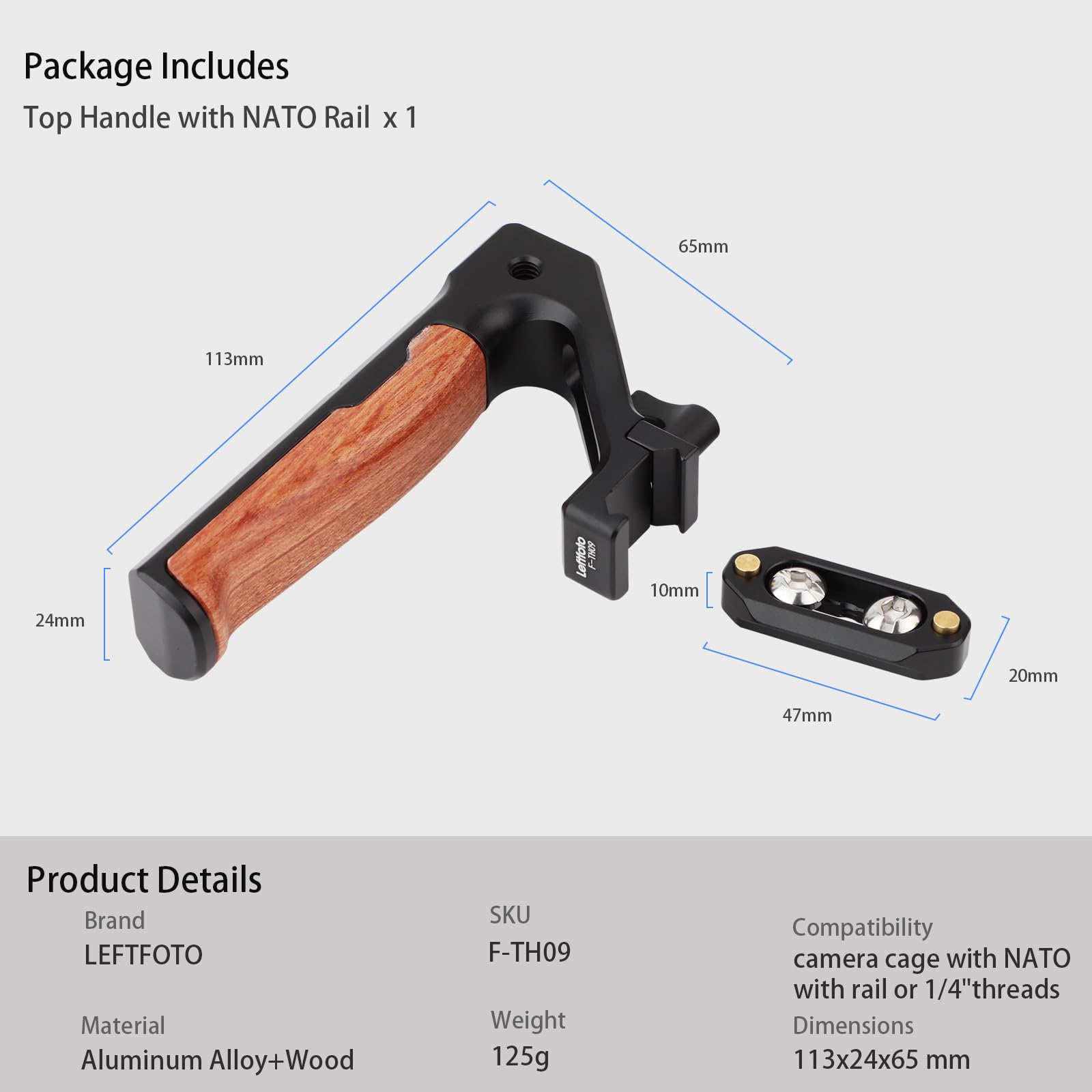 LEFTFOTO Maniglia superiore in legno e metallo impugnatura a sgancio rapido con kit ferroviario NATO, con morsetto NATO compatibile con supporto video per gabbia per fotocamera, anti-spegnimento