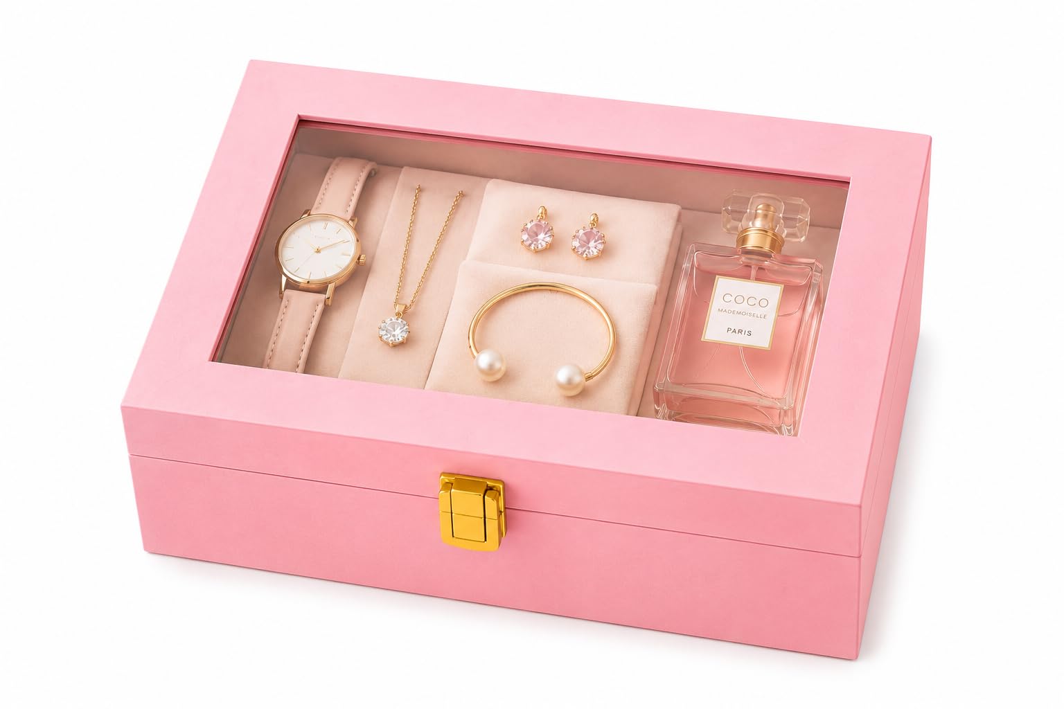 trunk box | pink wooden jewellery and makeup storage organiser box with clear glass lid and gold latch