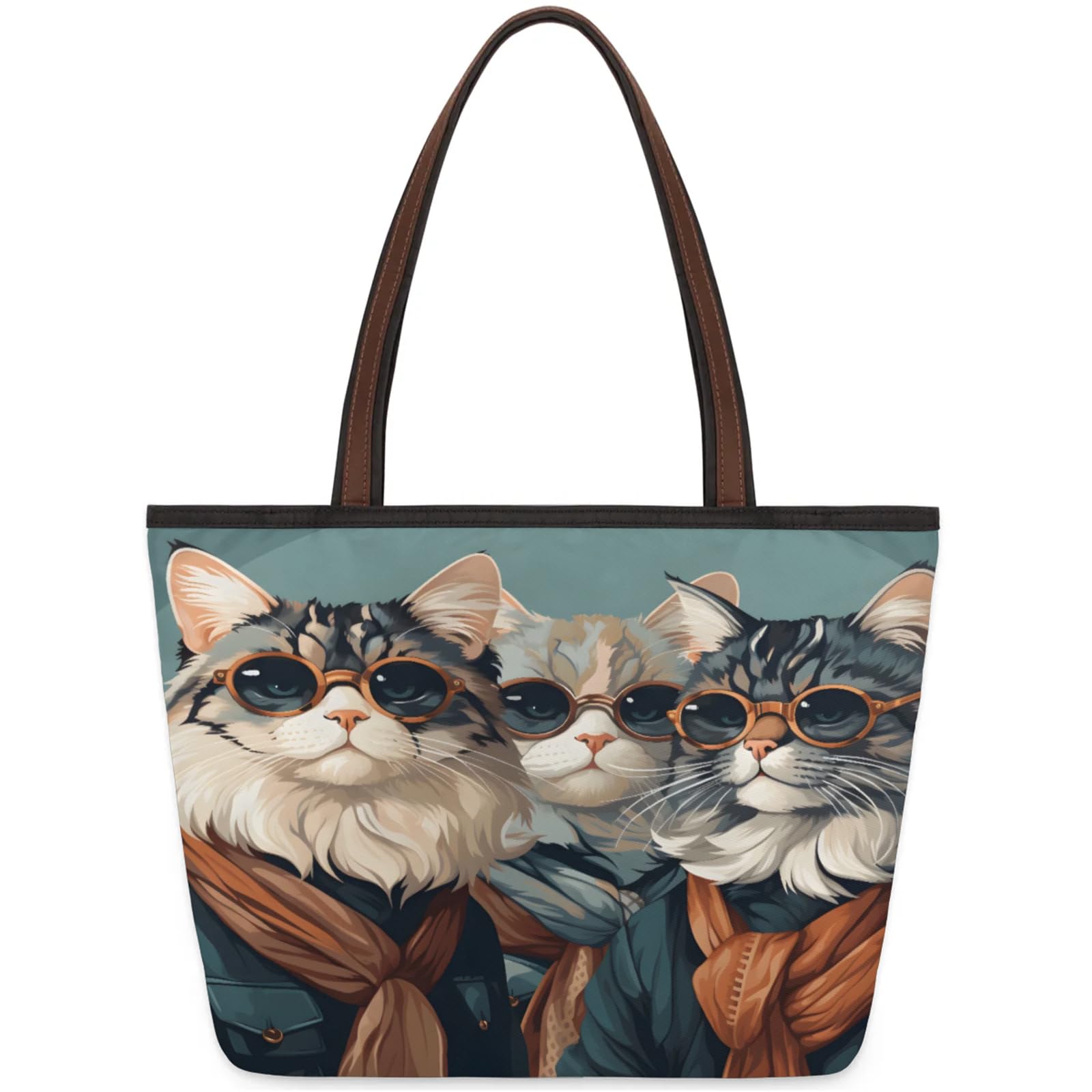 Cats Glasses Cool Tote Bag Multi Pocket Zippered Beach Bag Lightweight Waterproof Handbag for Women Men Work Gym Travel Swimming Yoga Grocery Shopping L