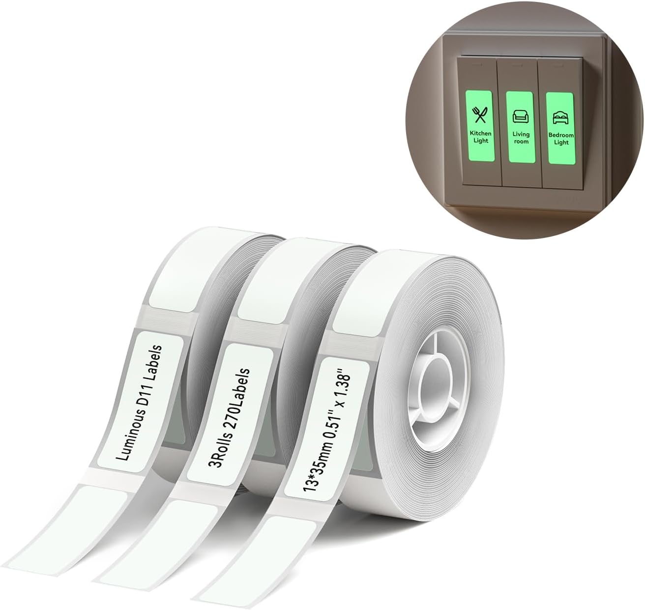 NIIMBOT D11 Luminous Label Maker Tape 3 Rolls Adhesive Label Paper 0.51″ X 1.38″ (13 X 35mm) 90 Labels/Roll, Compatible for NIIMBOT D11 D110 Label Printer, 3-Roll
