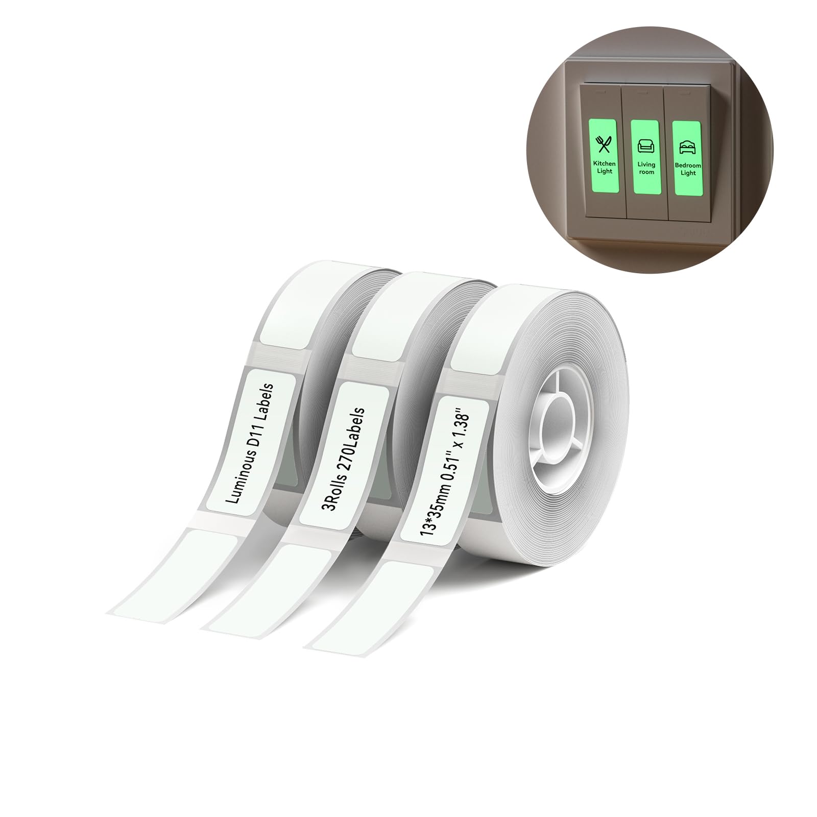 NIIMBOT D11 Luminous Label Maker Tape 3 Rolls Adhesive Label Paper 0.51" X 1.38" (13 X 35mm) 90 Labels/Roll, Compatible for NIIMBOT D11 D110 Label