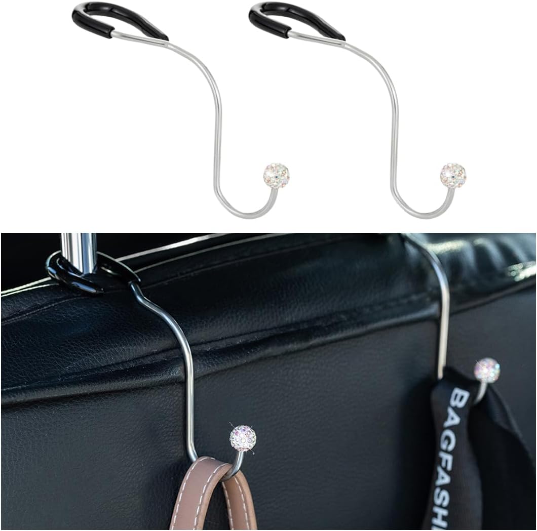 Bling Car Headrest Hooks, 2PCS Crystal Rhinestone Vehicle Seat Hanger for Purses Grocery Bags Clothes, Auto Storage Organizer Accessories, Universal for SUV Sedan Truck(Colorful)