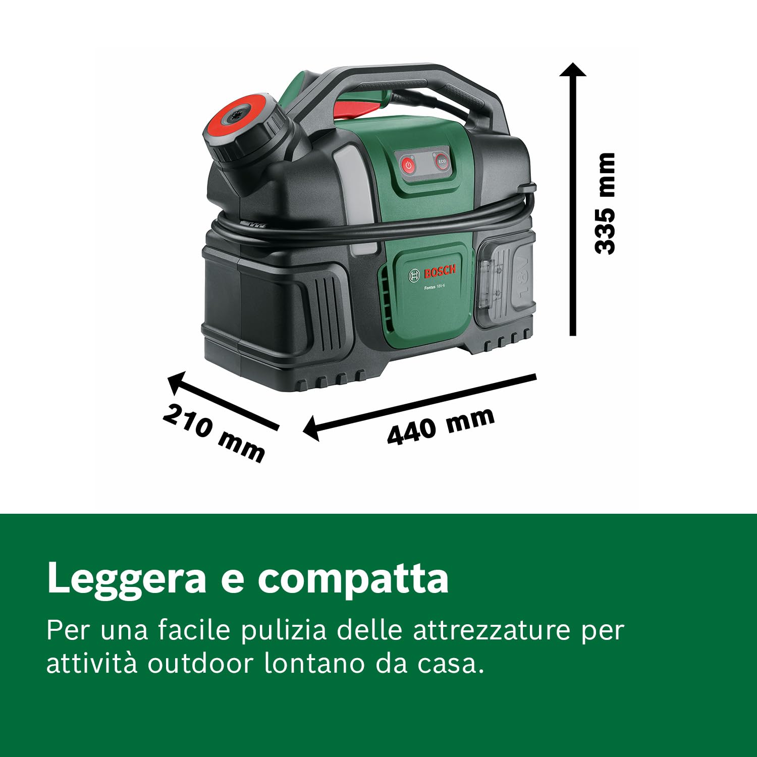 Bosch Idropulitrice a batteria portatile Fontus 18V-6 per bici (serbatoio dell'acqua da 6 L, 8 impostazioni di pressione, vano per tubo e pistola, con 1 batteria da 2,0 Ah 18V, caricatore)
