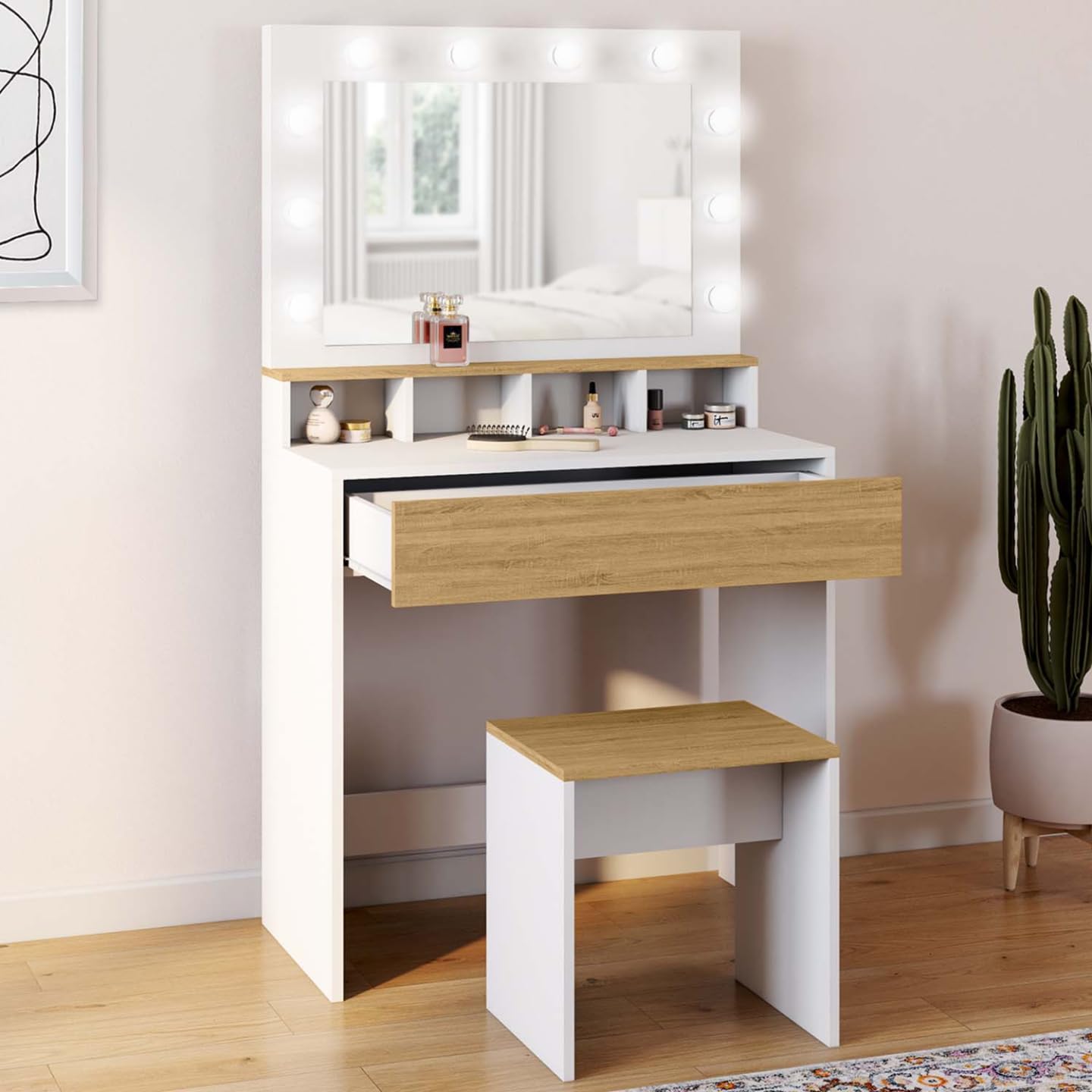 IDMarket - Coiffeuse Zelia Blanc et hêtre Miroir LED