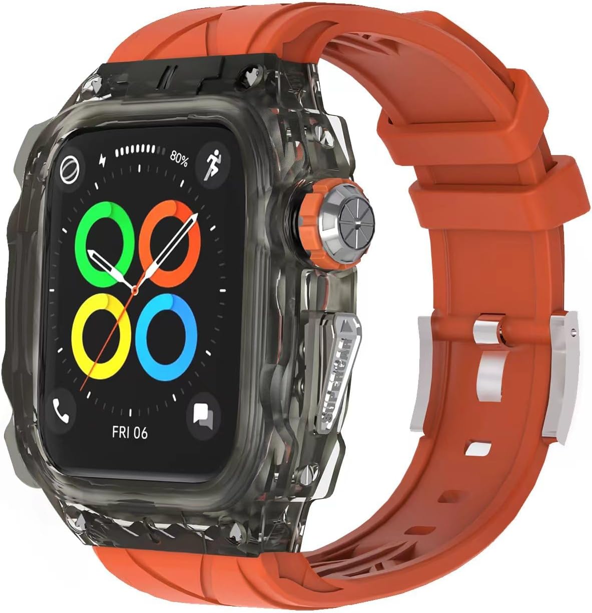Case with Band Compatible for Apple Watch Series 9 8 7 45mm/6 5 4 SE 44mm Rugged Men/Women Luxury Transparent Protective Rugged Case Fully Wrapped Lightweight Rugged. (Black-Orange)