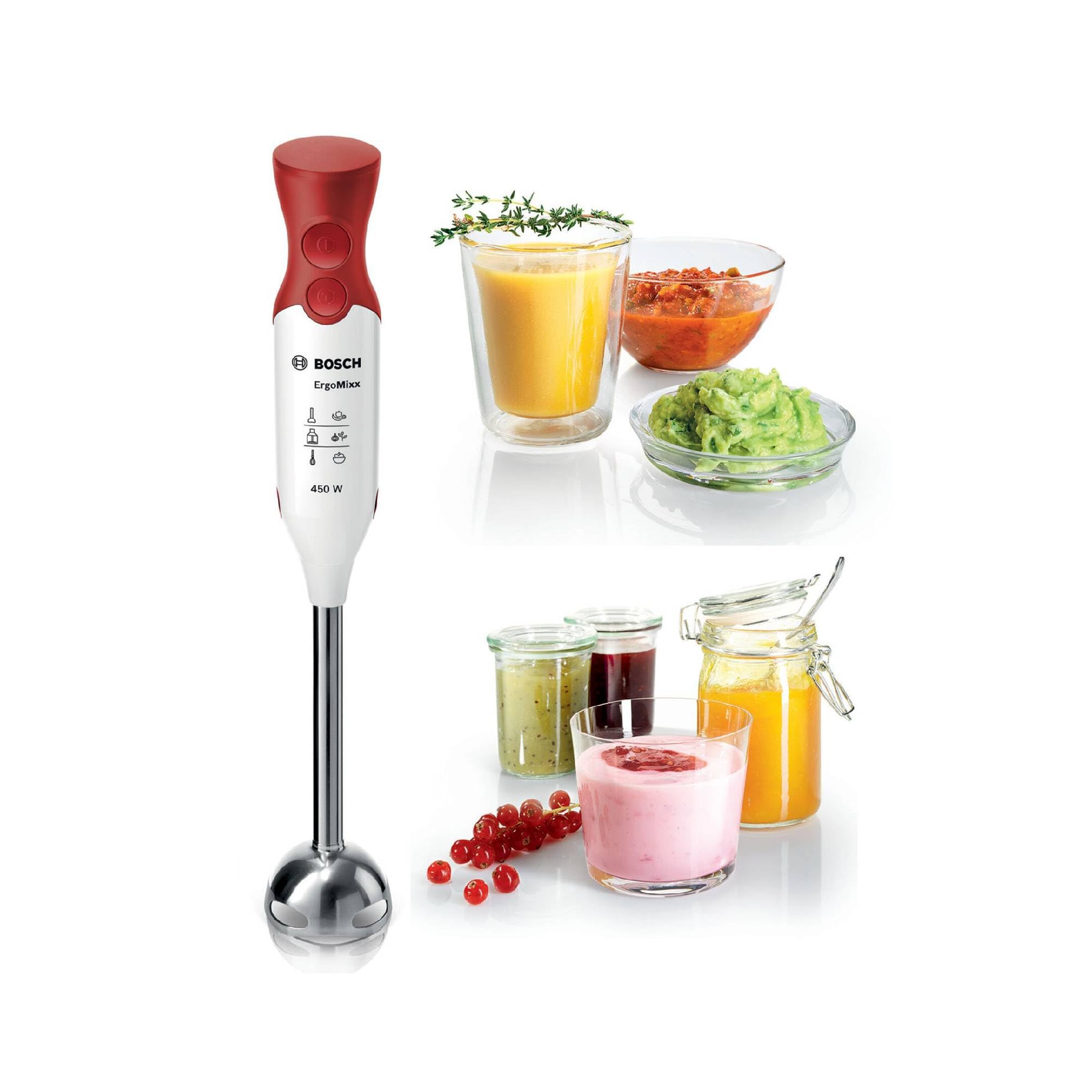 Bosch Frullatore a Immersione MSM64110, 450 W, Impugnatura Ergonomica, Piede in Acciaio Inox, Lama a 4 ali Acciaio Inox, Due Livelli di Velocità, Pratico Bicchiere Graduato Incluso, Bianco, Rosso