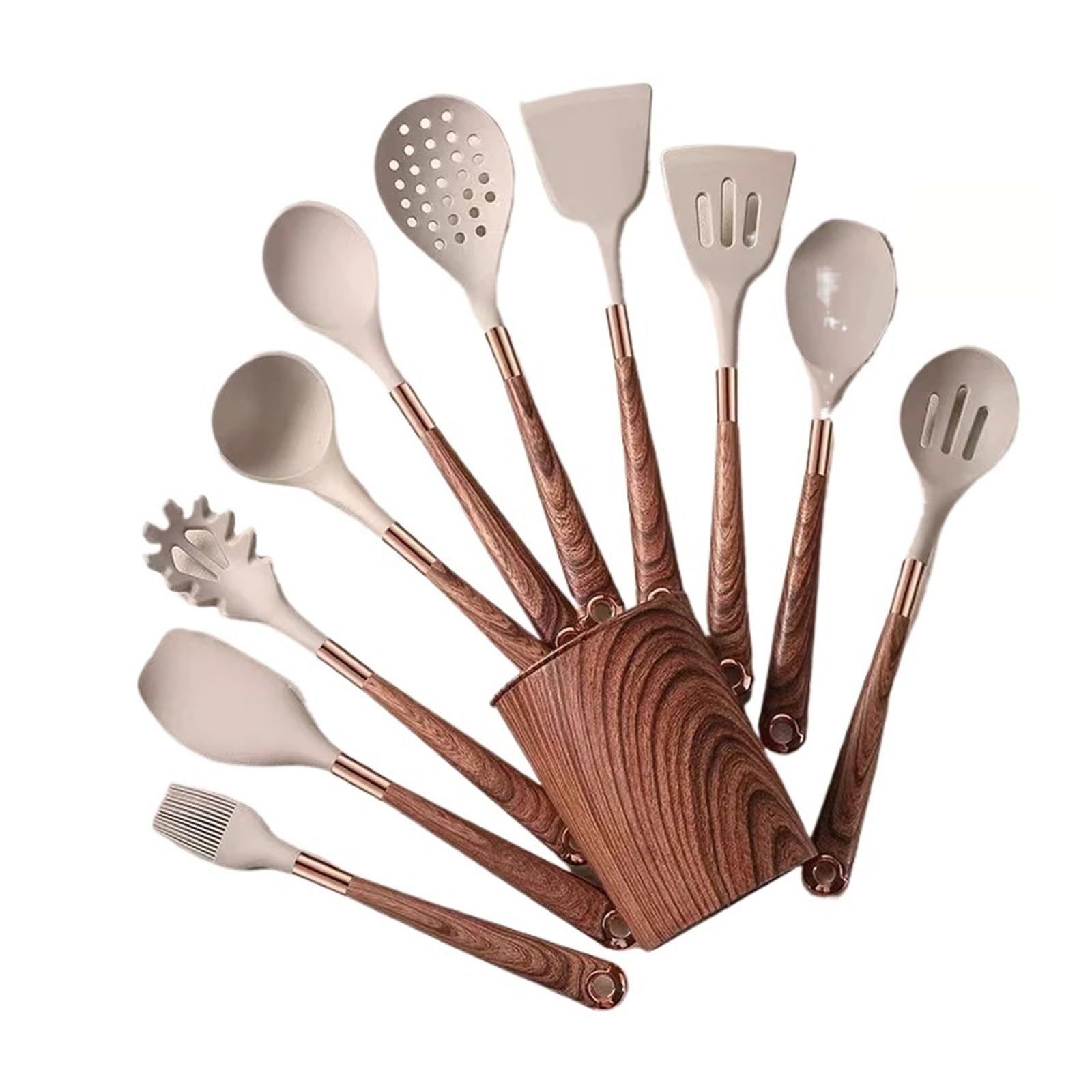 Generico Utensilios de cocina de silicona, mango de madera chapado en oro, espátula, cucharas, juego de ollas