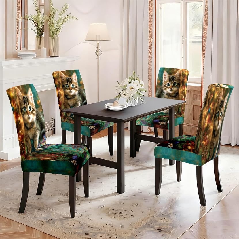 Image of Christmas Kitten Dining Chair Covers Set of 4, Stretch Slipcovers