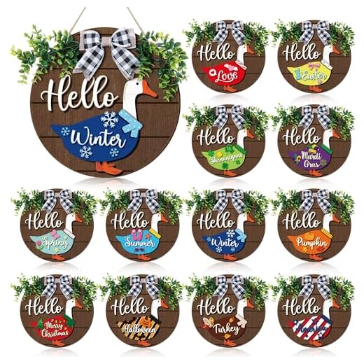 Weysat 13 Pcs Interchangeable Wooden Goose Decor, 11.8 Inch Holiday Seasonal Welcome Changeable Hello Geese Signs Rustic Farmhouse Front Door Round Wreaths Hanging Decorations for Porch Home Outdoor