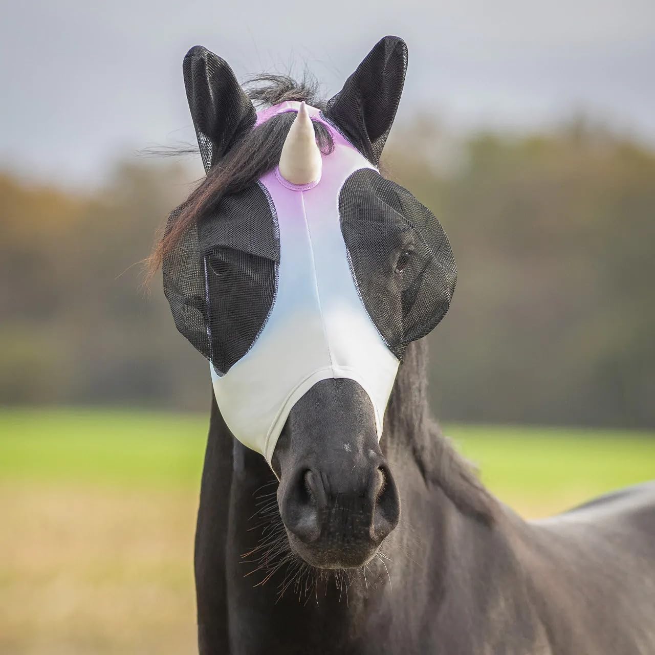 netproshop Fliegenmaske Unicorn im Einhorn-Look Ohren- und Augenteil aus Mesh Öffnung für Stirnhaar Gr. Shetty bis Full, Groesse:Mini Shetty, Farbe:Unicorn