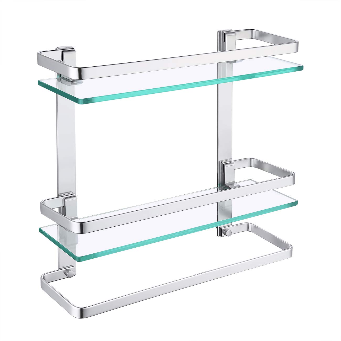 KES Etagere Salle de Bain avec Porte-Serviettes Aluminium Étagère Murale en Verre 8MM Verre Trempé Épais Rangement Douche Deux Niveaux Argent, A4127B
