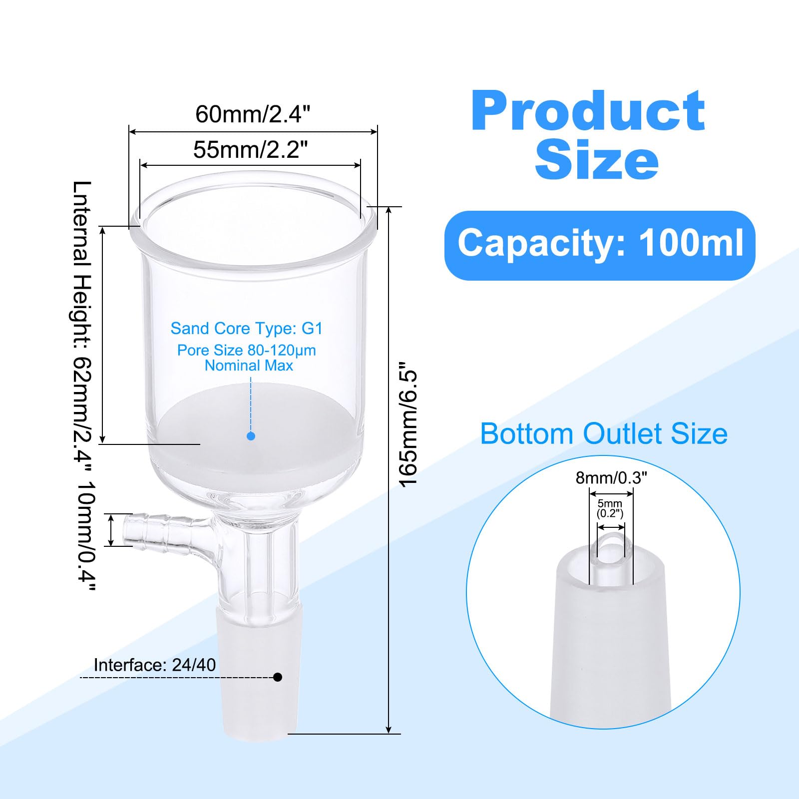 PATIKIL Buchner-Trichter, 100ml Borosilikatglas Buchner-Filtertrichter mit Feiner Fritte (G1), 24/40 Standard Kegel-Innenanschluss für Labor, Experiment, Klar, 55mm ID, 64mm Tiefe