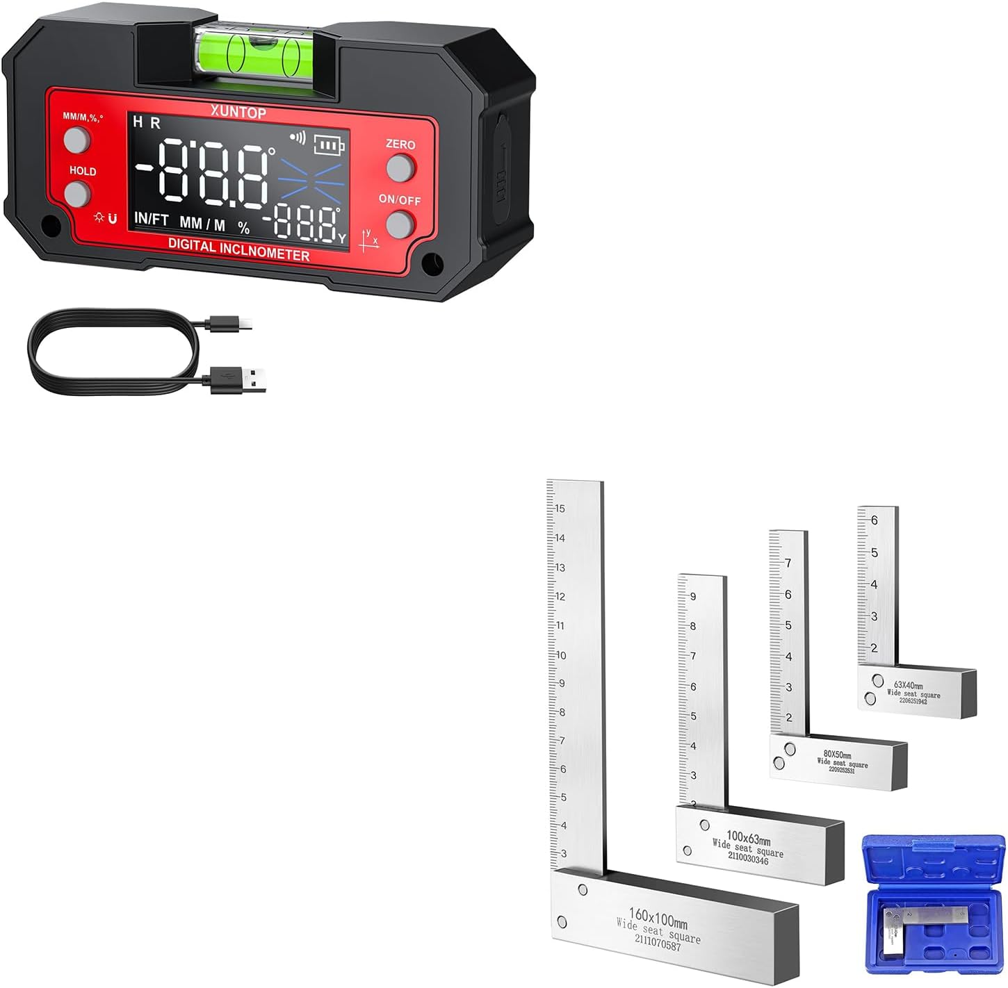 Professional Woodworking Kit: Dual Axis Magnetic Digital Inclinometer & 4PCS Machinist Square Set (2/3/4/6 Inch), Hardened Steel Right Angle Tools,for Precision Layout, Table Saw, Metalworking