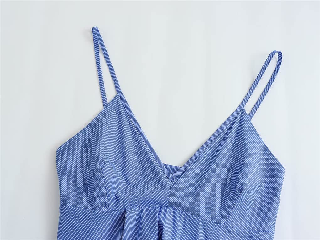 Dninmim Vestido halter de longitud media a rayas para mujer, cuello en V, para fiesta, sin espalda, camisolas sin mangas
