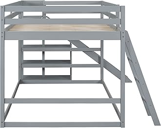 Harper & Bright Designs Full Over Full Bunk Bed with Slide, Bookshelves and Ladders, Solid Wood Low Bunk Bed Frame for Kids Girls Boys (Gray)