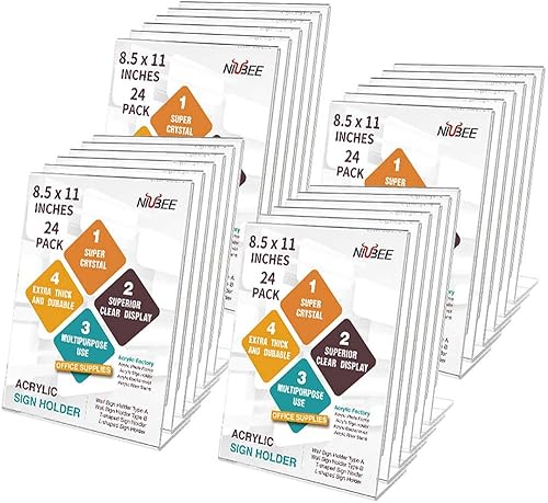 Paquete de 24 soportes acrílicos para letreros de 8.5 x 11 pulgadas, parte trasera inclinada, soporte de plástico transparente para mesa, para