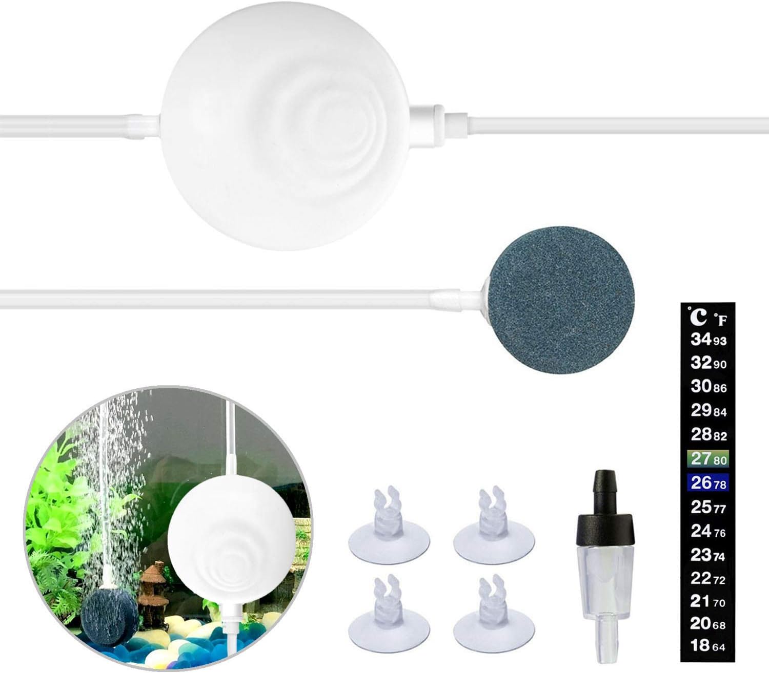IceMoon Aquarium Air Pump Ultra Silent High Energy Saving Air Pump Air Pump,1 W/360 ml/min Fish Tank Pump with Air Stone,Silicone Tube,Check Valve,Suction Cup Clips and Nano Thermometer