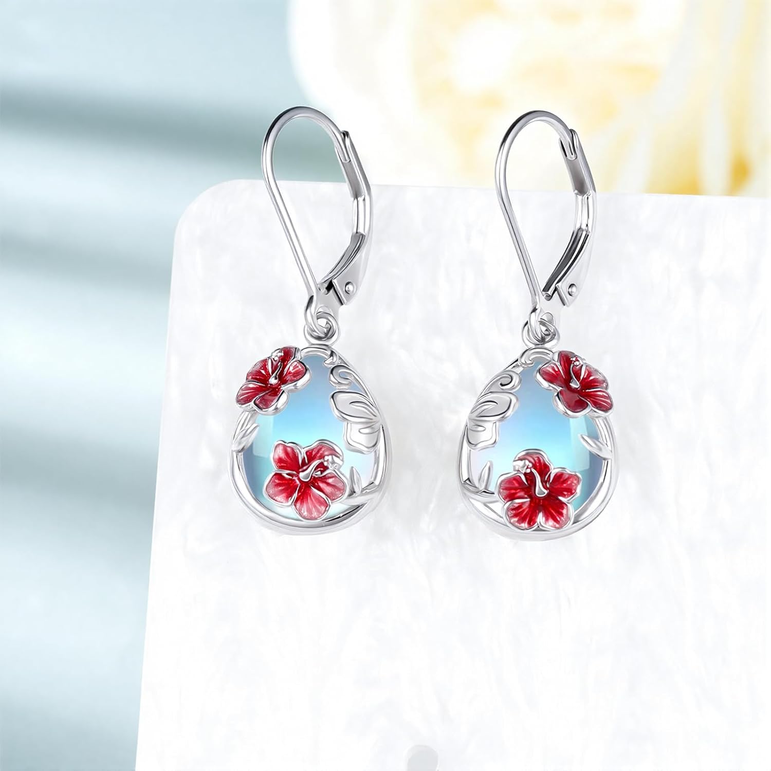 Hibiscus Earrings 925 Sterling Silver Moonstone Hibiscus Earrings Flower Jewelry Gifts for Women - Image 2