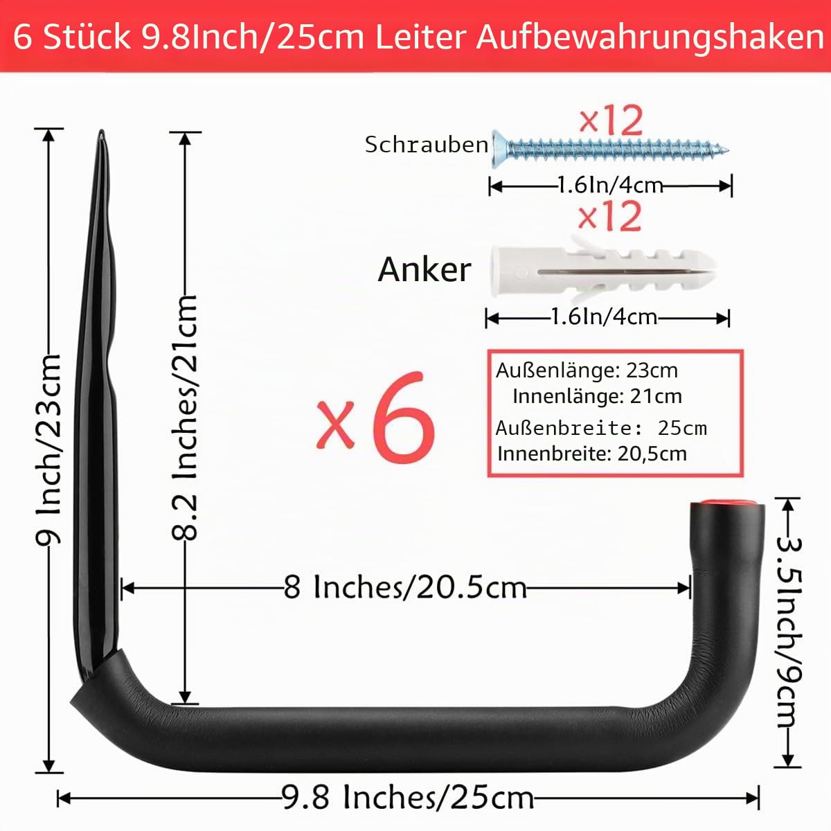 Garagen-Aufbewahrungsleiter-Haken, 6 Stück, robuste Kleiderbügel, 25 cm, Wandhalterung, hält 23 kg (23 cm x 25 cm)