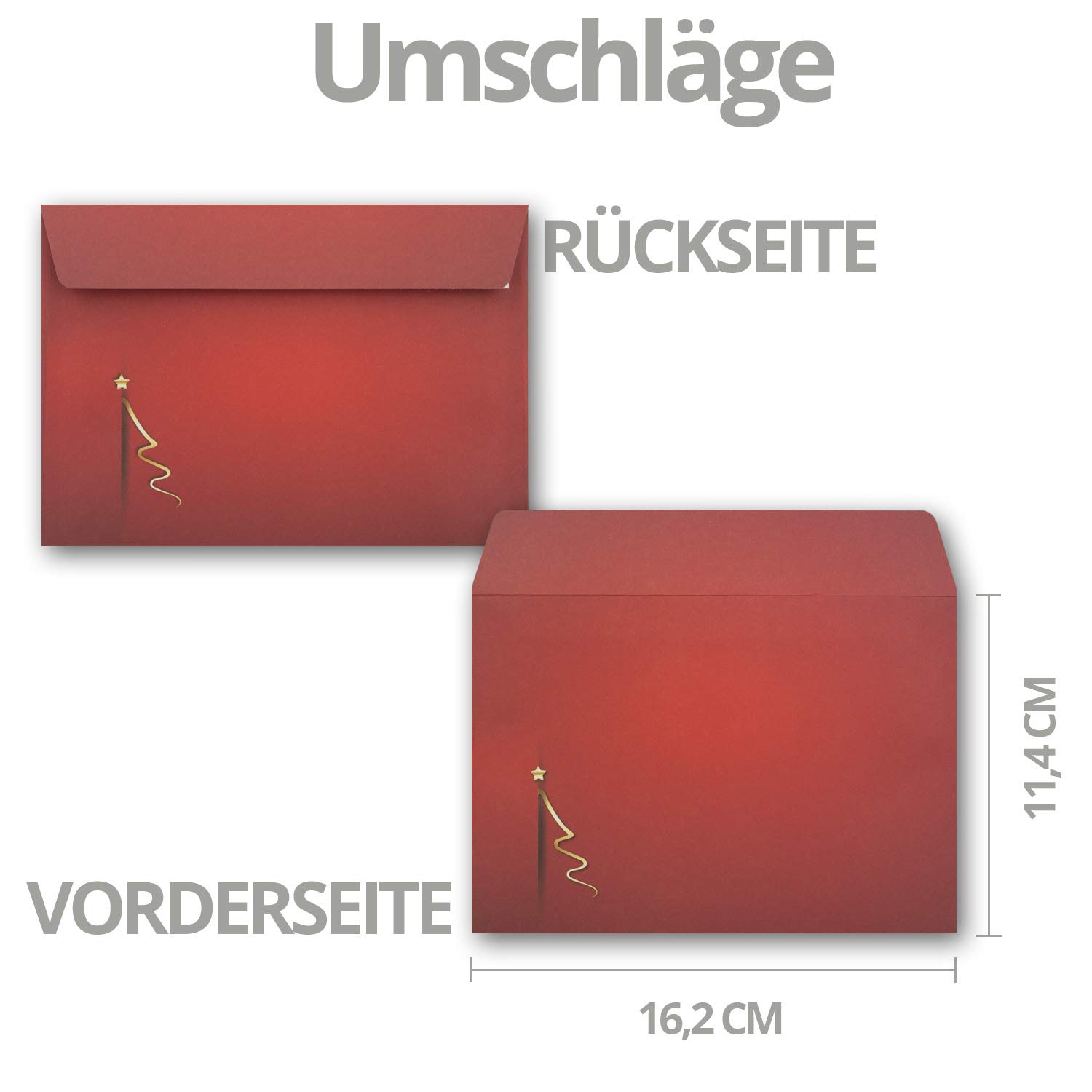 Lot de 200 cartes de Noël DIN A6 en rouge avec motif arbre de Noël doré - Cartes pliantes avec enveloppes assorties - Moderne - Cartes de vœux de Noël pour les entreprises et les particuliers.