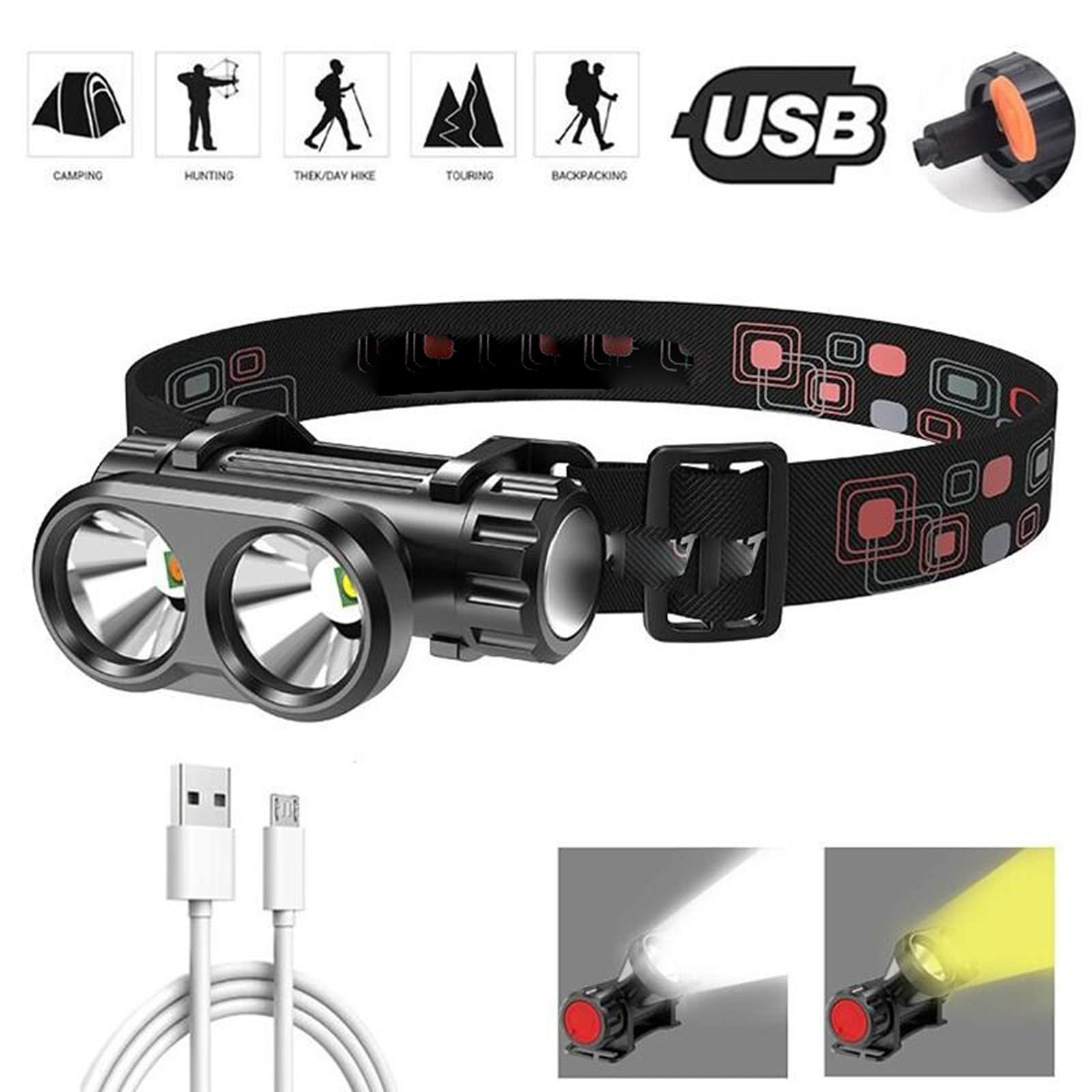 Latarka czołowa mini przenośna biało-żółta lampa czołowa ładowana przez USB + wbudowana latarka czołowa LED latarka czołowa