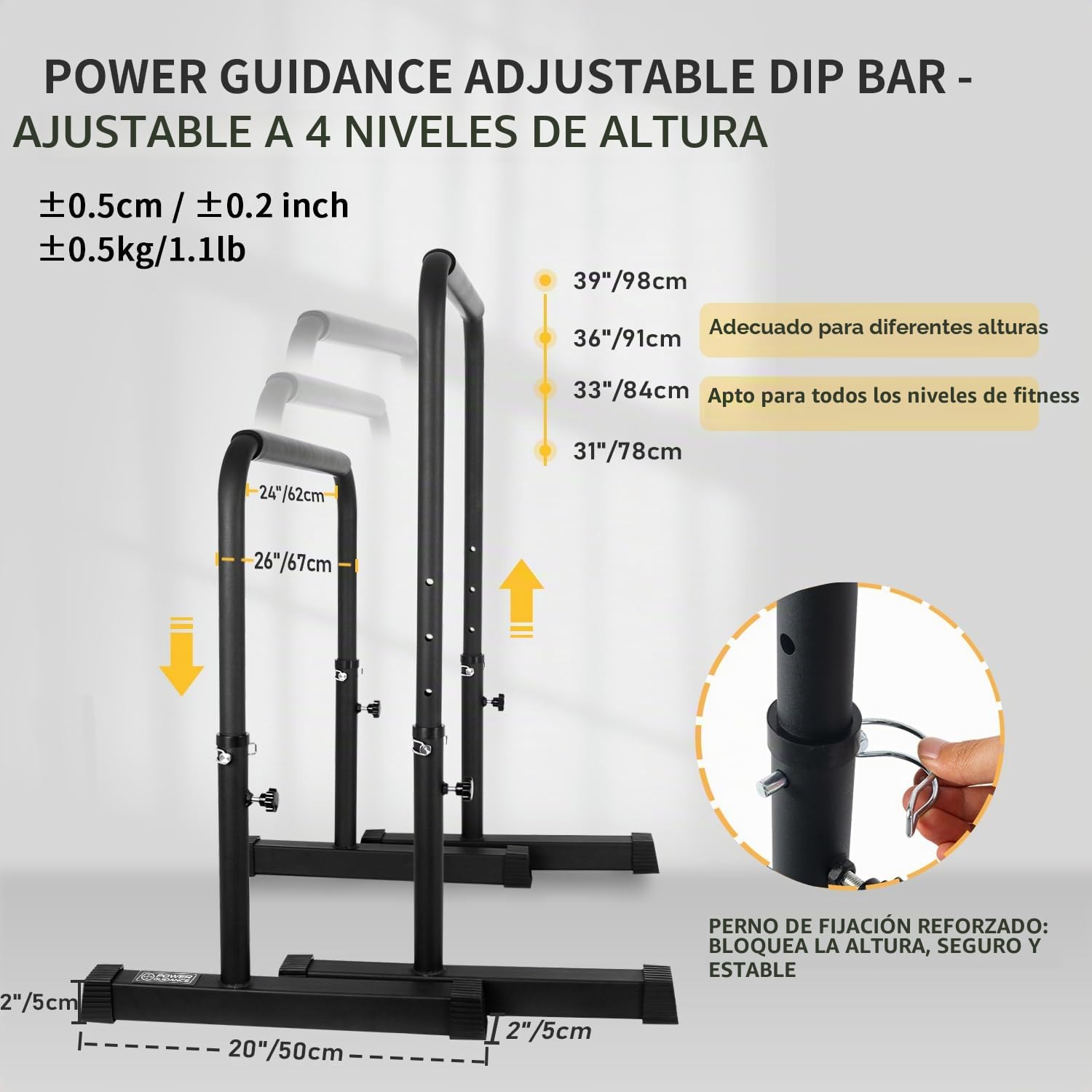 POWER GUIDANCE Barras Paralelas para Entrenamiento Ajustable para Calistenia, Gimnasia, Fitness 62 * 52* (77-98) cm