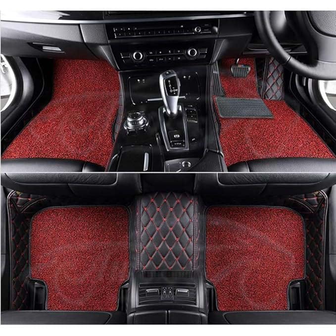 Image of Superior 7D Car Floor Mat Set for Tata Punch Facelift 2026 Petrol /Diesel /CNG, Luxury Leather + Curly Foot Mats, 7-Layer Protection, Waterproof & Anti-Skid, Black Red with Red Curly