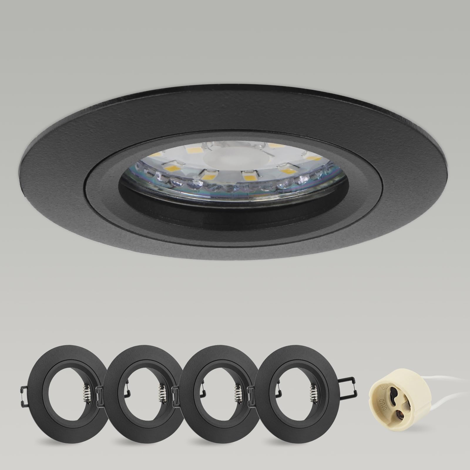 4x Reflektor wpuszczany GU10 aluminium, czarny uchwyt wpuszczany reflektor rama montażowa z gniazdem GU10, okrągły reflektor sufitowy 68 mm ekstra płaski do lamp LED, otwór montażowy ø60