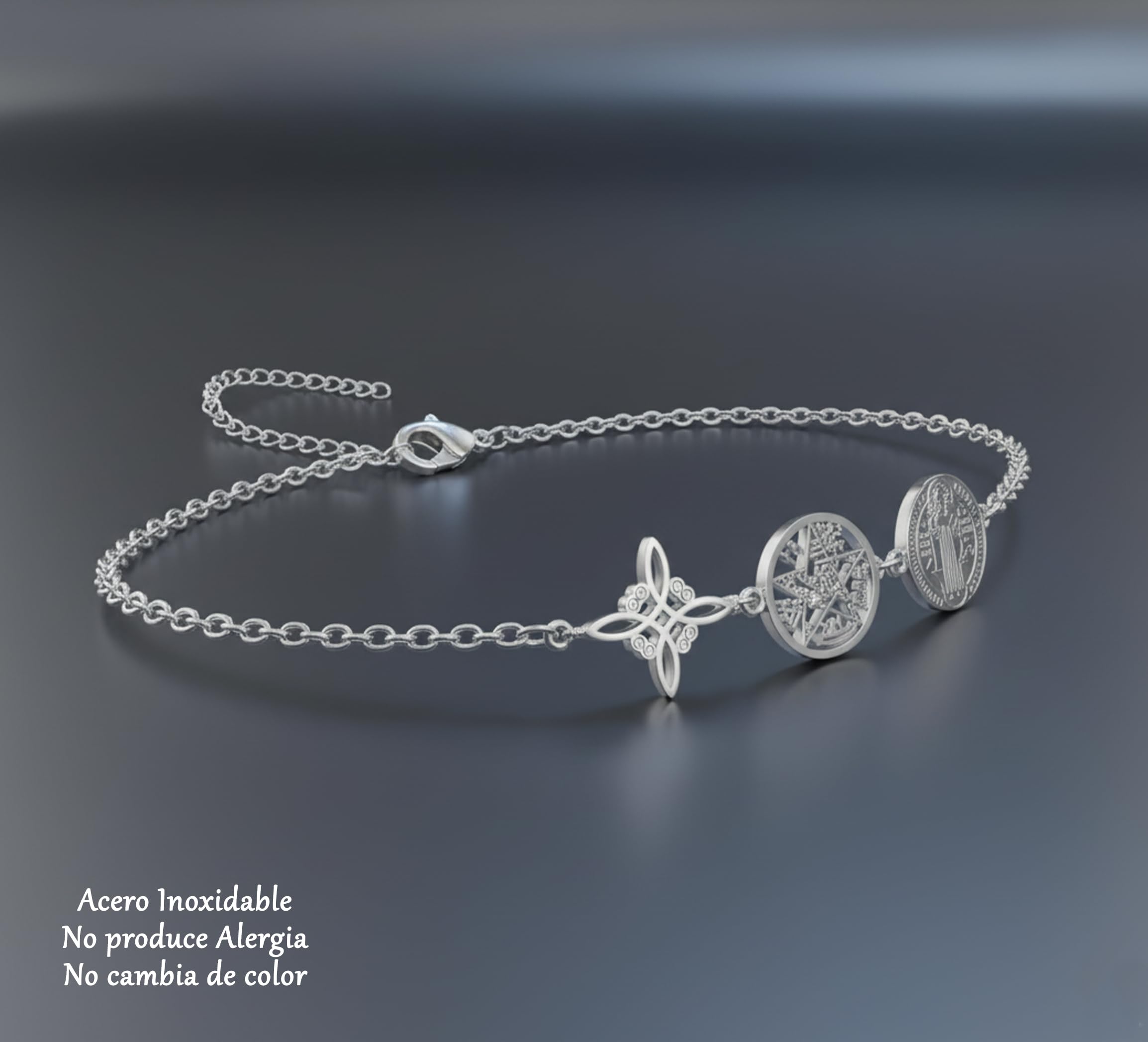 Only faith Pulsera Triple Protección con Nudo de bruja, Tetragramaton y Medalla de San Benito, Acero Inoxidable 316L, 17cm Ajustable, Cadena 1mm, Amuleto Esotérico, Dorado y Plateado