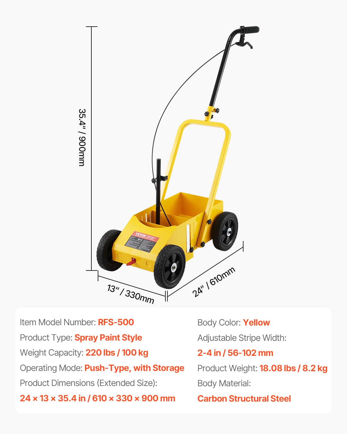 VEVOR Traceuse de Lignes 61 x 33 x 90 cm, Machine de Marquage Routier à 4 Roues, Largeur Réglable 5,6-10,2 cm, pour des Lignes Nettes sur les Routes, Garage Stationnement et Terrains de Sport, Jaune