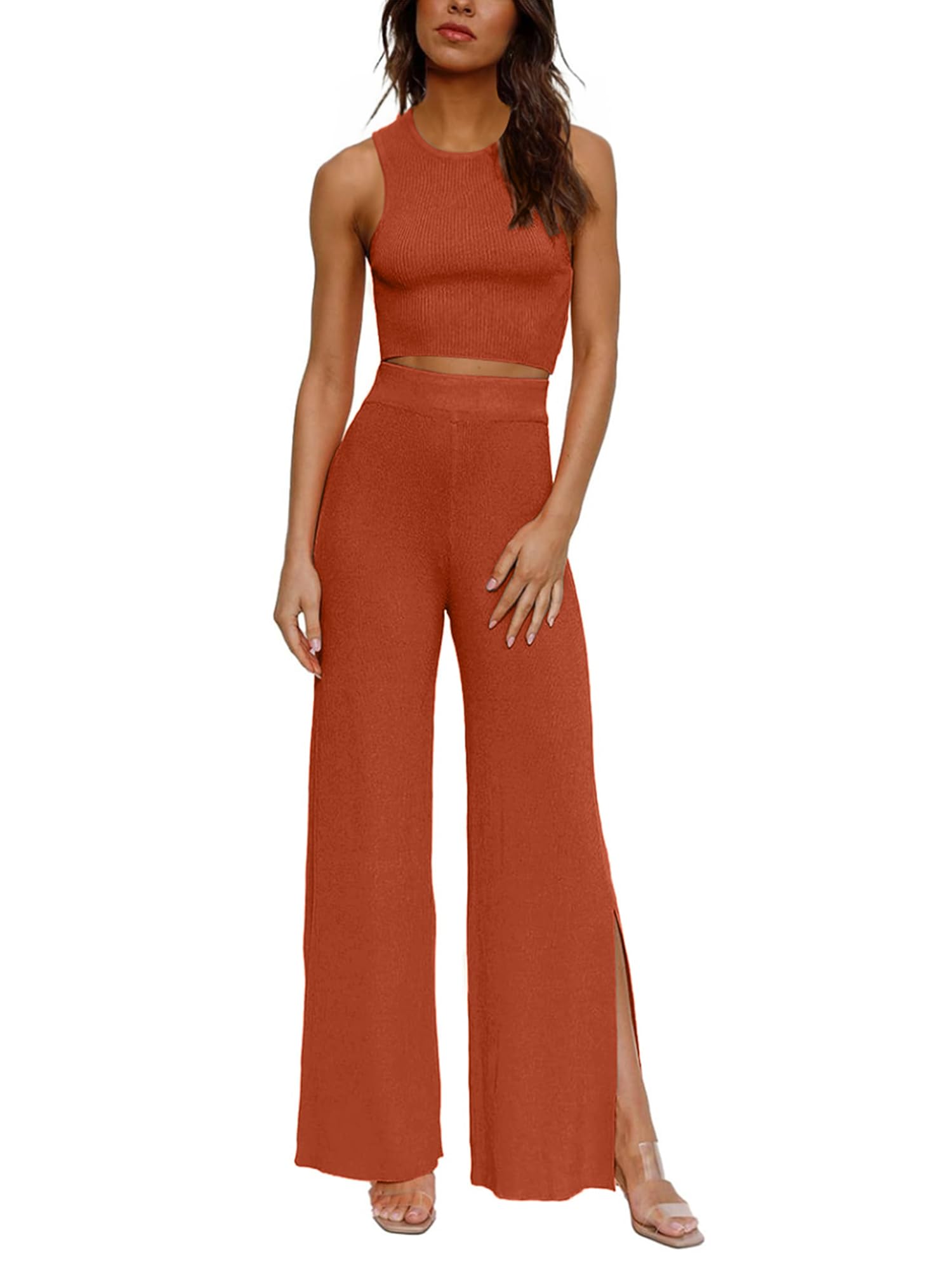 2 Piece Summer Outfits for Women Ribbed Cropped Top and Wide Leg Pants with Side Slit