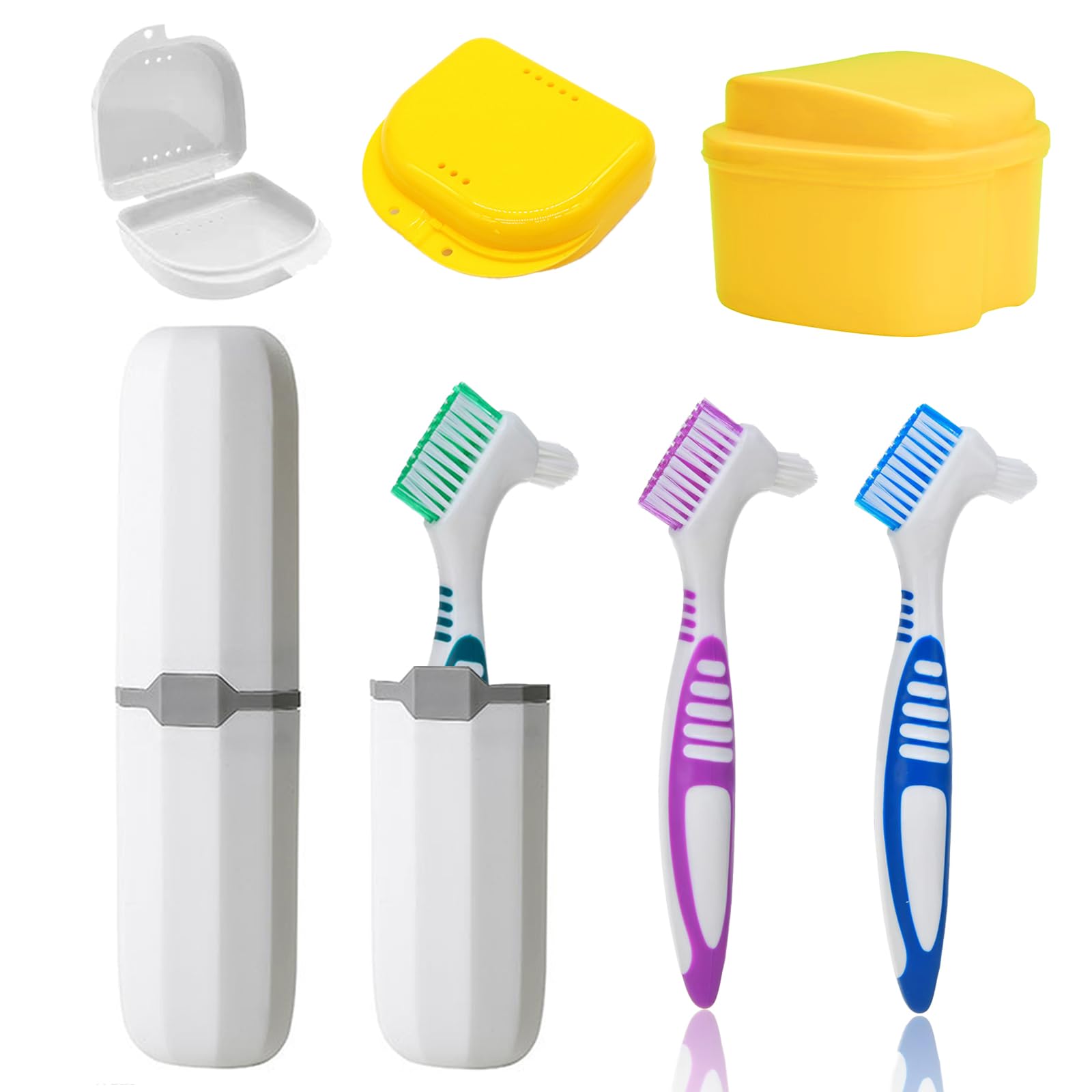 7PCS Denture Bath Case Cup Kit Denture Brush Kit False Teeth Cleaning Tools with 3 Brush, 2 Retainer and Bath Cases with Carry Box, Yellow&White(White Case)-image-26