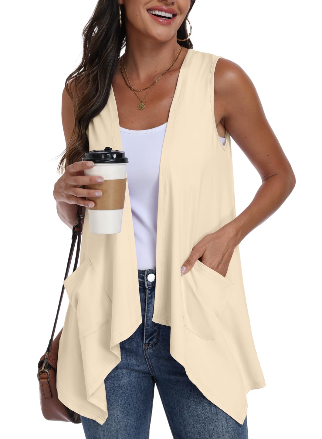 PrinStory Damen Ärmellose Strickjacke Leichte Sommer Weste Mit Taschen Asymmetrischem Saum Offene Vorderseite Strickweste